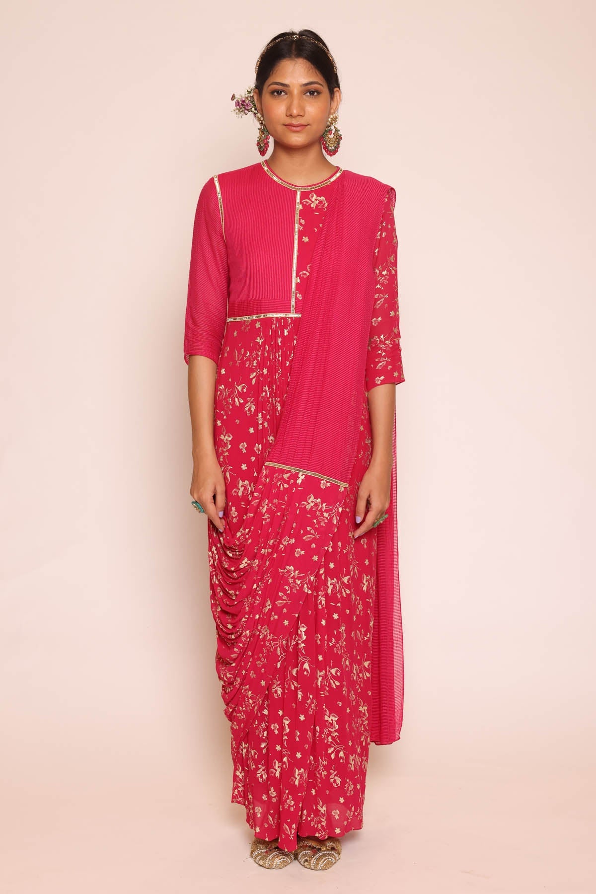 Pink Foil Print Pre Drape Saree at ScrollnShops